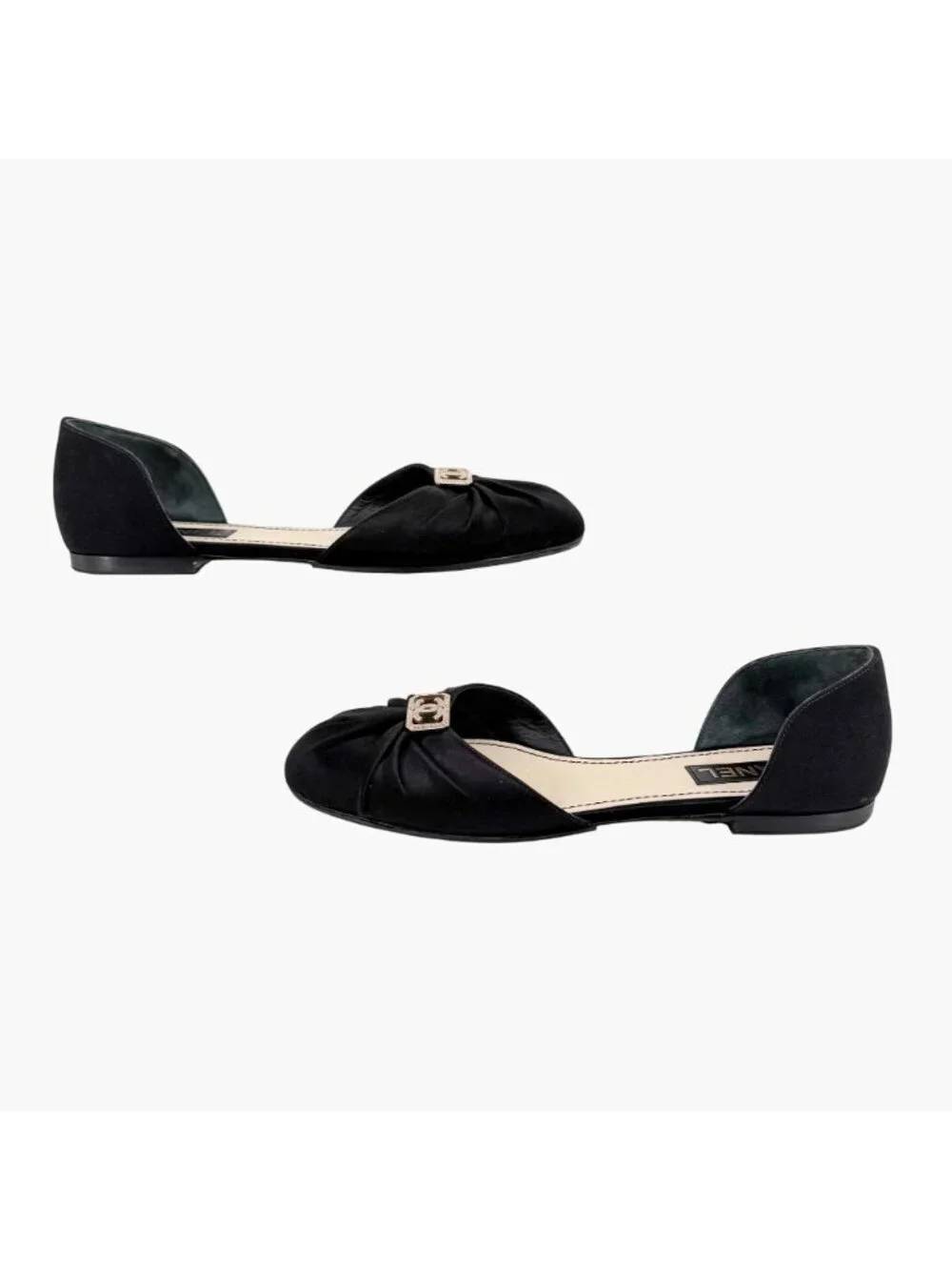 Chanel Crystal CC D’Orsay Ballet Flats Black Satin Size 42 US 11-11.5 Women’s